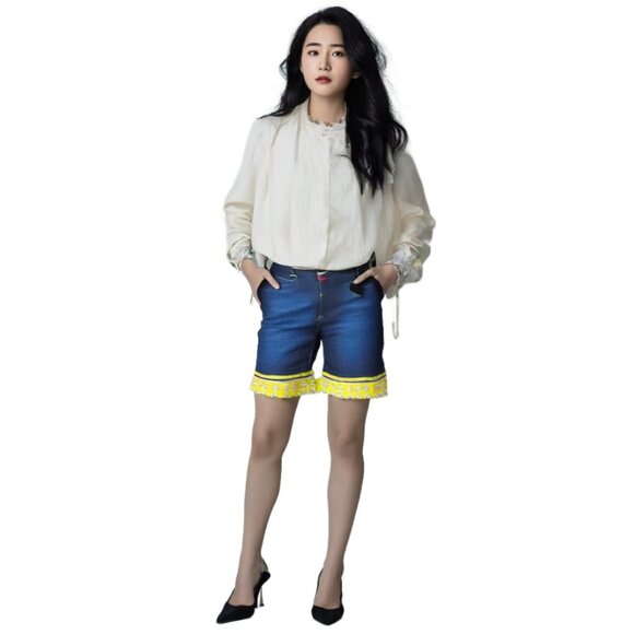 Marithe Francois Girbaud Yellow Logo Blue Denim  Bermuda Short, Size 34/… - Picture 2 of 12